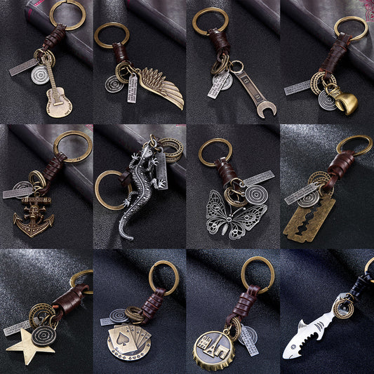 Unisex Cowhide Leather Keychain Retro Rock Angel Wings Alloy Key Ring Accessory for Keys Bags Vintage Style Accessory