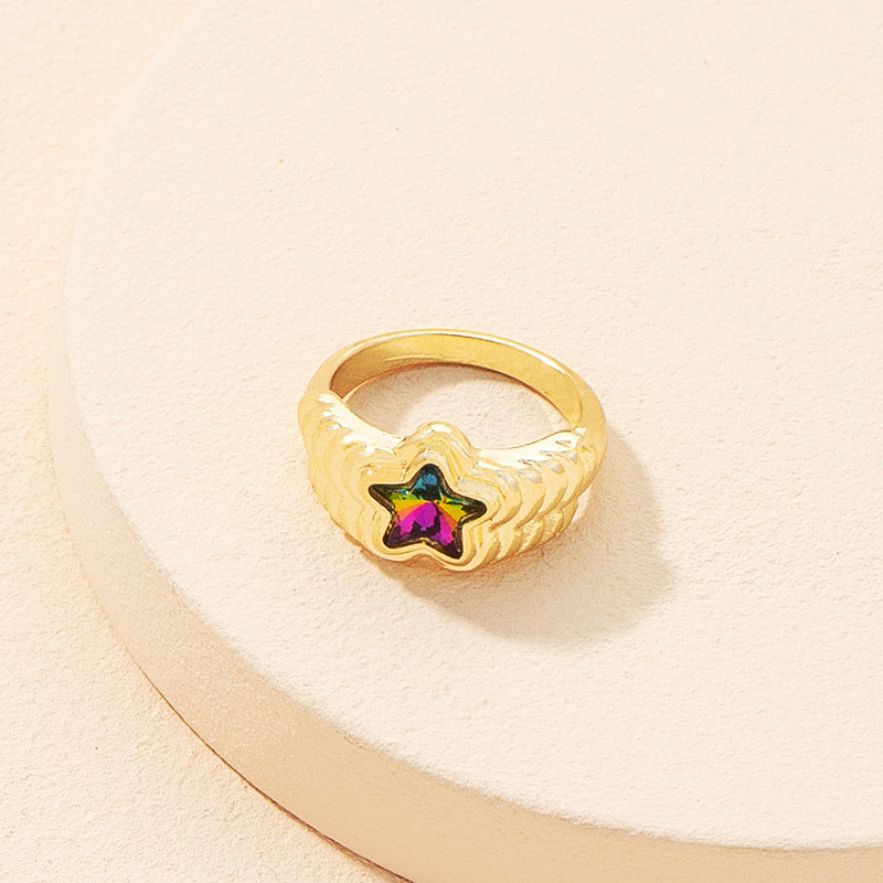 Unisex Alloy Five Pointed Star Ring Korean Fashion Electroplated Inlaid Gems Jewelry Accessory Timeless Fashion Glam