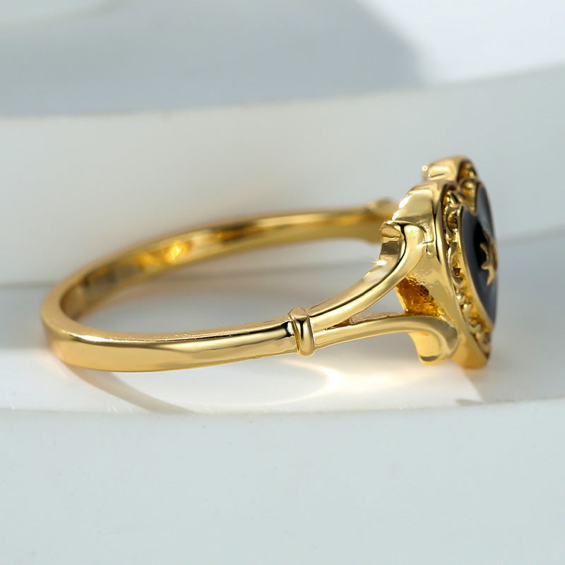 Gothic Black Enamel Heart Ring Copper Electroplated Jewelry For Women Girls Party Gift With Golden Accent And Gift Box