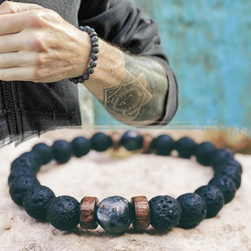 Unisex Volcanic Stone Beaded Bracelet With Alloy Inlay Gemstone Accent Fashion Jewelry Gift For Men MatteBlack