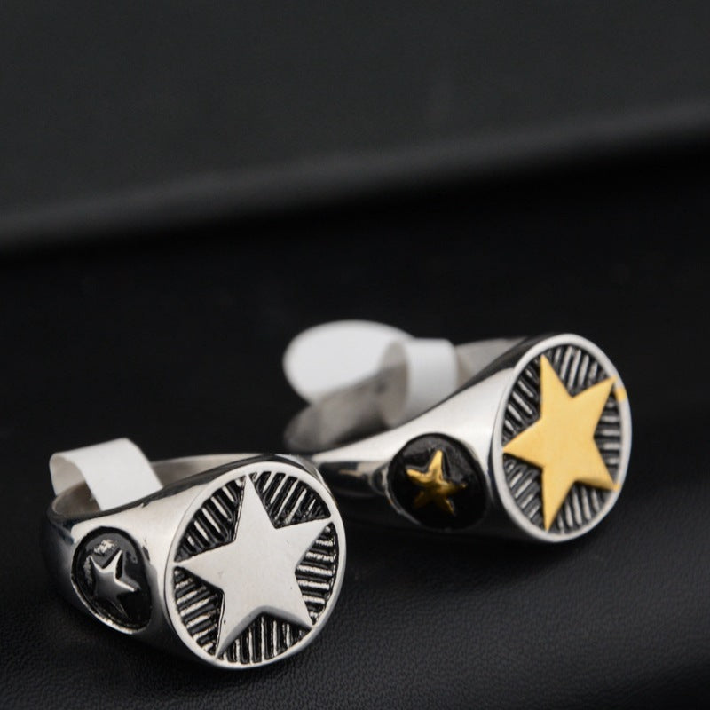 Unisex Stainless Steel Ring with Five Pointed Star Round Design Hip Hop Statement Ring Silver and Golden for Men and Women Fashion Jewelry