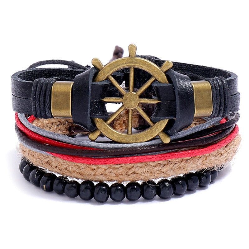 Unisex Leather Bracelet With Punk Owl And Leaf Design Adjustable Hand Woven Rope With Metal Accents Dark Brown