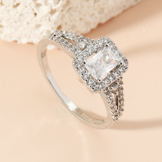 Womens 925 Silver Ring White Crystal Geometric Rhinestone Mosaic European American Fashion Statement Ring Ring