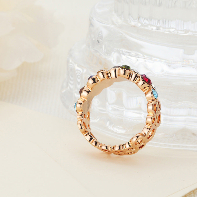 Geometric Rose Gold Electroplated Alloy Ring With Inlaid Gemstones Womens Fashion Jewelry Shine Crystal Sparkle