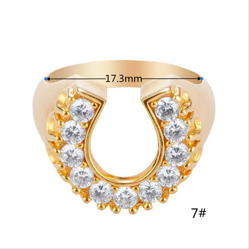 Horseshoe Element Ring UShaped Gold Plated Copper With Artificial Gem Inlays European American Fashion Jewelry