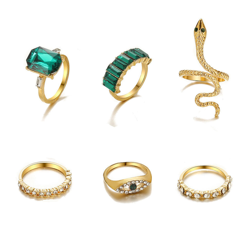 Green Rhinestone Geometric Ring Set For Women Six Piece Alloy Electroplated Jewelry For Women And Girls Trendy