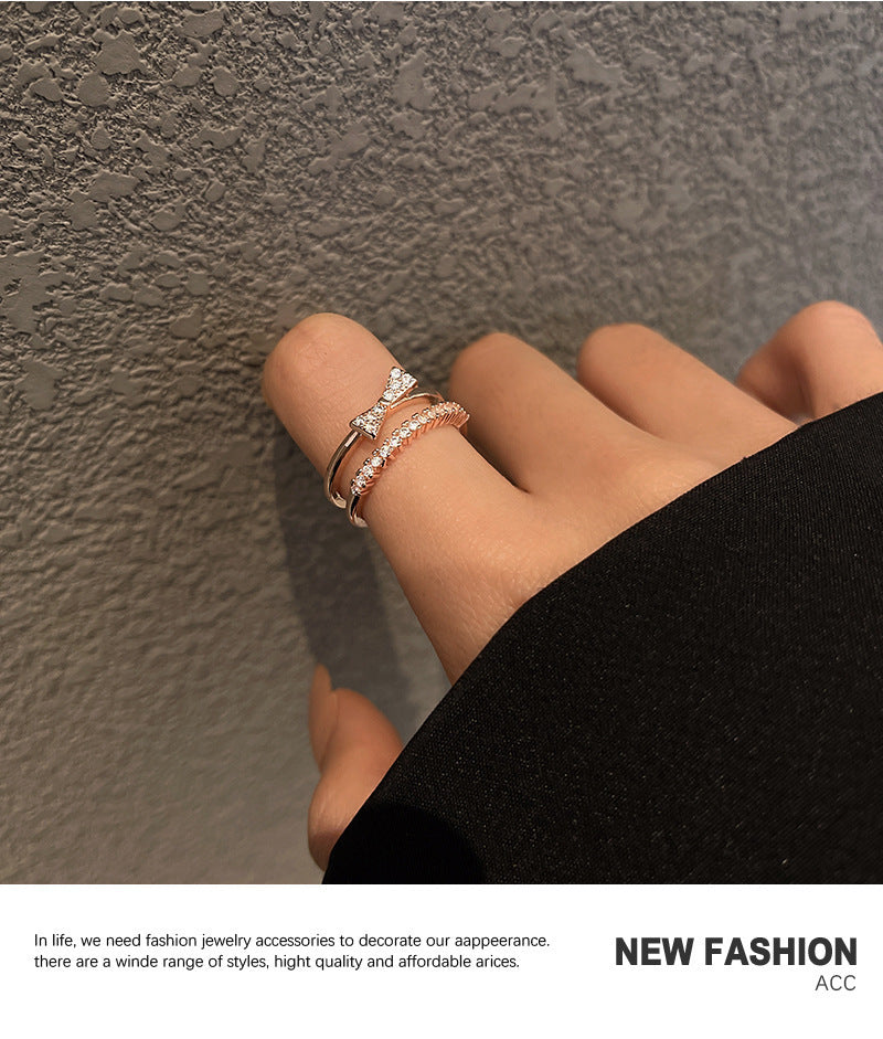 Womens Gold Plated Adjustable Ring With Bow Pearls And Rhinestones Korean Geometric Design Ring Jewelry Trend