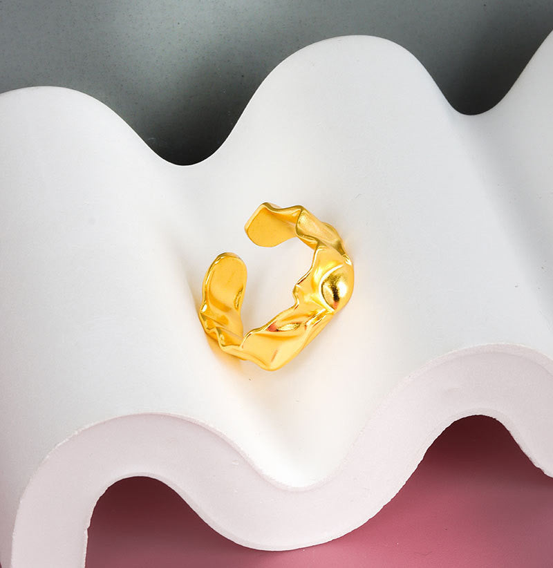 Womens Adjustable Copper Ring Geometric Design Irregular Fold Texture Electroplated Gold Finish Fashion Design