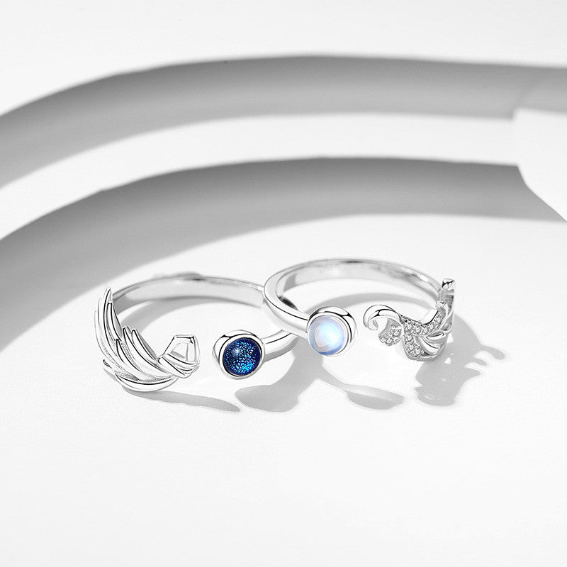Angel Demon Wings Couple Rings Set Sterling Silver Diamond Accent Adjustable Opening Matching Gemstone Details