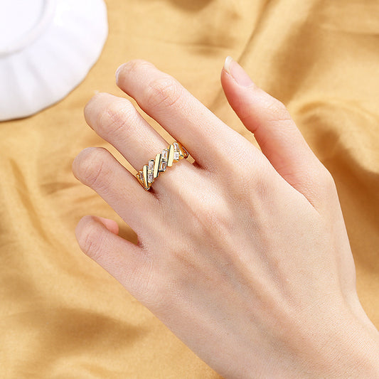Womens Adjustable Copper Ring Retro Geometric Design Inlaid Zircon Chain Element Gold Tone Finish For Everyday