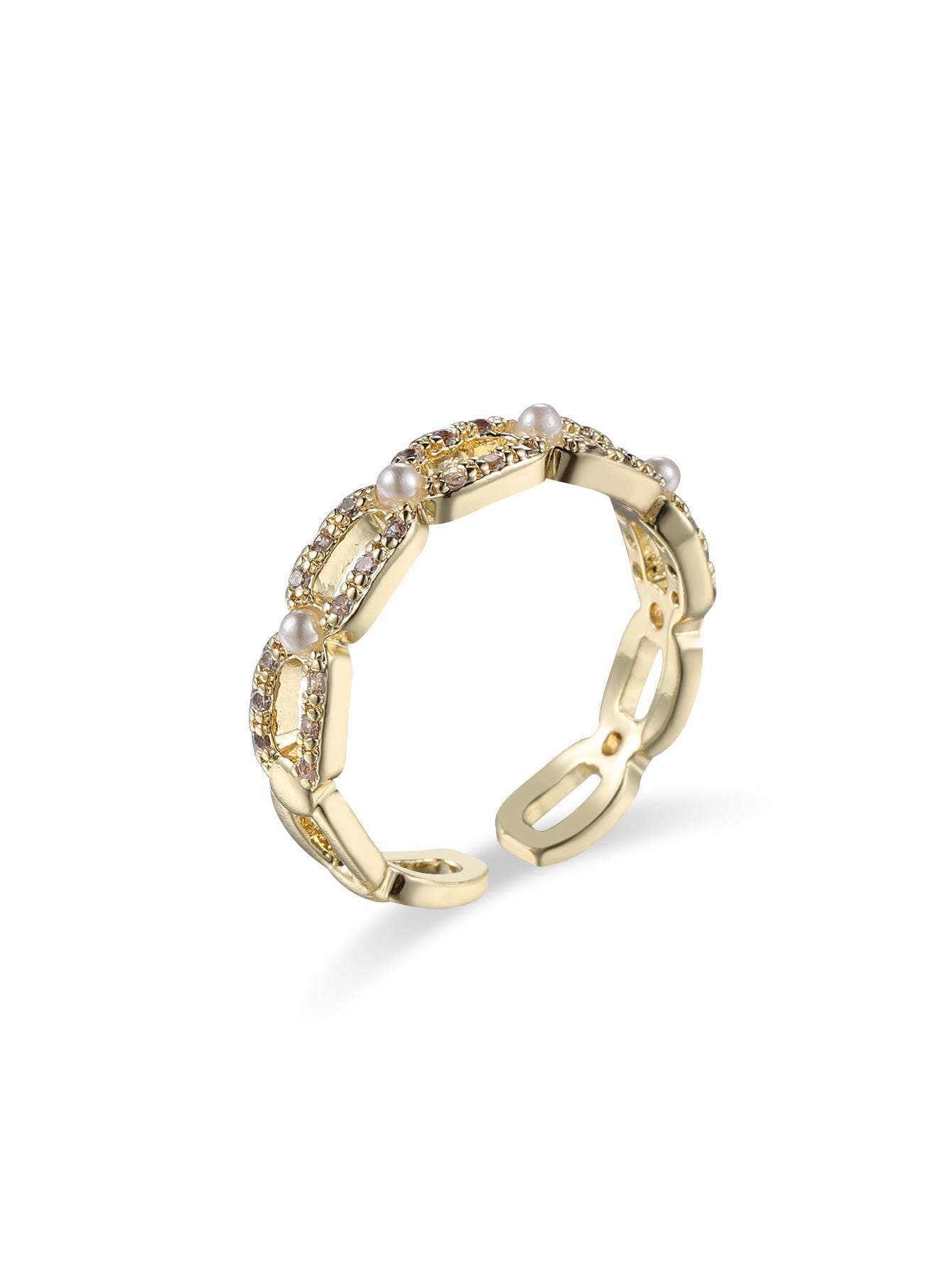 Women Rose Gold Plated Ring With Zircon And Pearl Geometric Design Copper Electroplated Fashion Jewelry Elegant Style