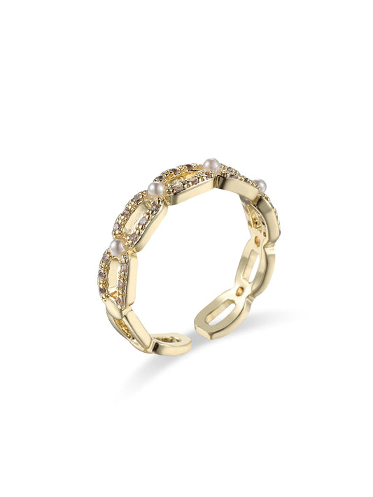 Women Rose Gold Plated Ring With Zircon And Pearl Geometric Design Copper Electroplated Fashion Jewelry Elegant Style