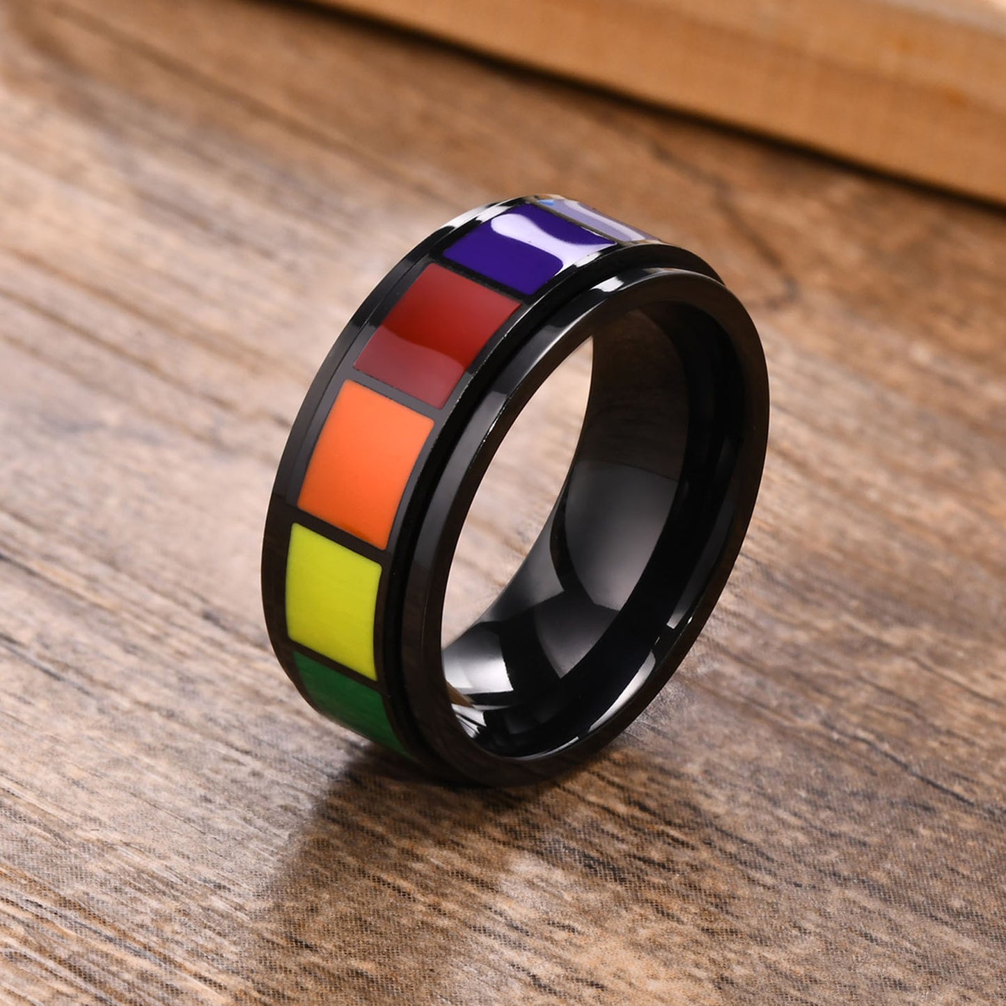 Mens Rainbow Drop Rotatable Ring Titanium Steel Black Finish Modern Accessory Statement Piece For Everyday Now