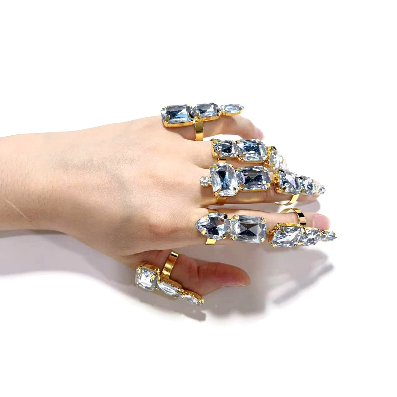 Womens Rhinestone Ring Set Adjustable Open Rings Geometric Stackables Knuckle Ring Fashion Jewelry Silver Gold