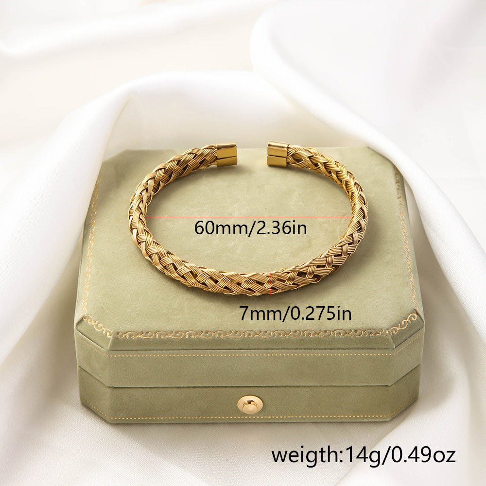 Stainless Steel Woven Bracelet Open Ended Fashion Bangle Electroplated Durable Round Design Accessory Steel And Gold