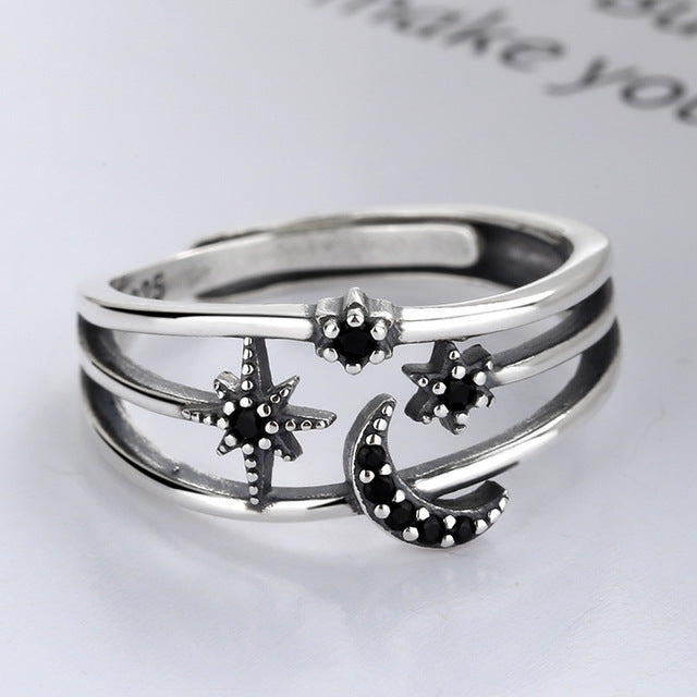 Sterling Silver Moon And Star Open Ring Vintage Geometric Design 925 Jewelry For Women Daily Wear Elegant Accessory