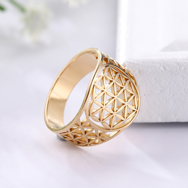 Stainless Steel Ring Flower of Life Design Durable Elegant Band Everyday Wear Jewelry Gift Women Men Hypoallergenic
