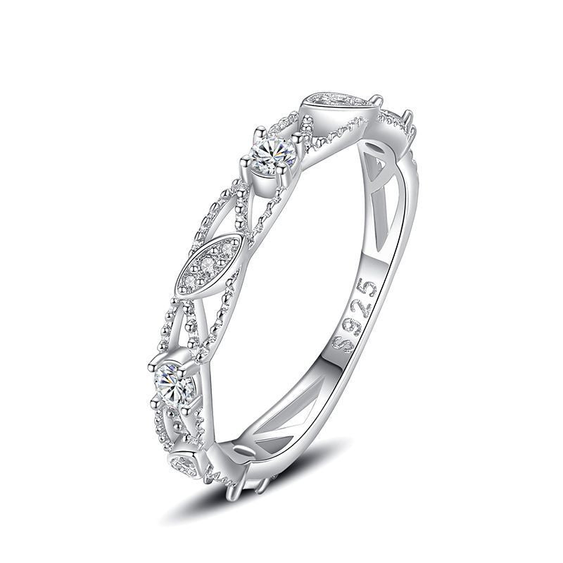 Womens Sterling Silver Leaf Diamond Ring Exquisite Design