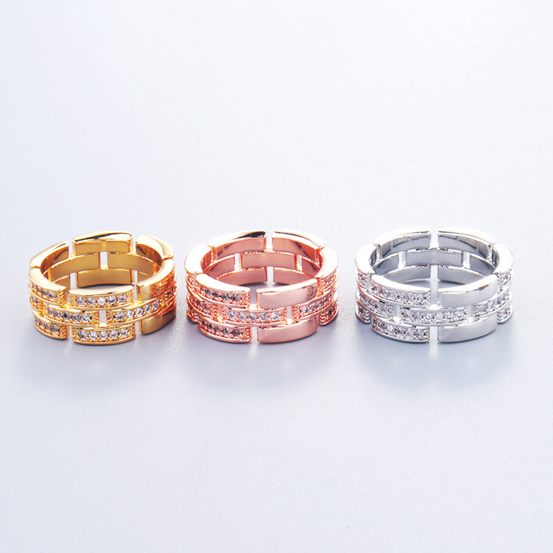 Geometric Couple Ring Set Rhinestone Inlaid Copper Plated Gold Unisex Retro Wedding Band Pair For Couples Wear