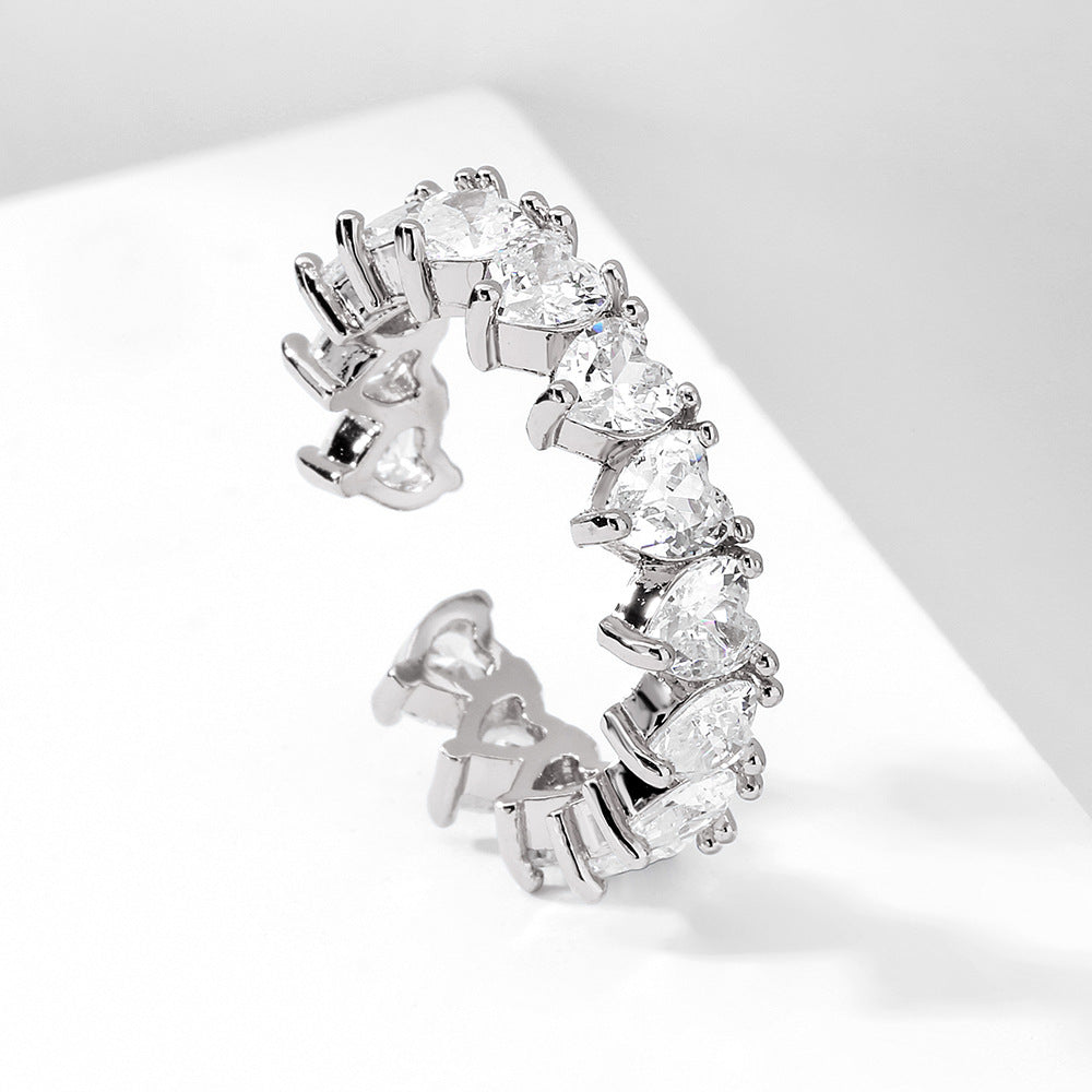 Zircon Open End Ring For Women Adjustable Heart Shape Copper Plated Dainty Jewelry Gift Accessory Delicate Design