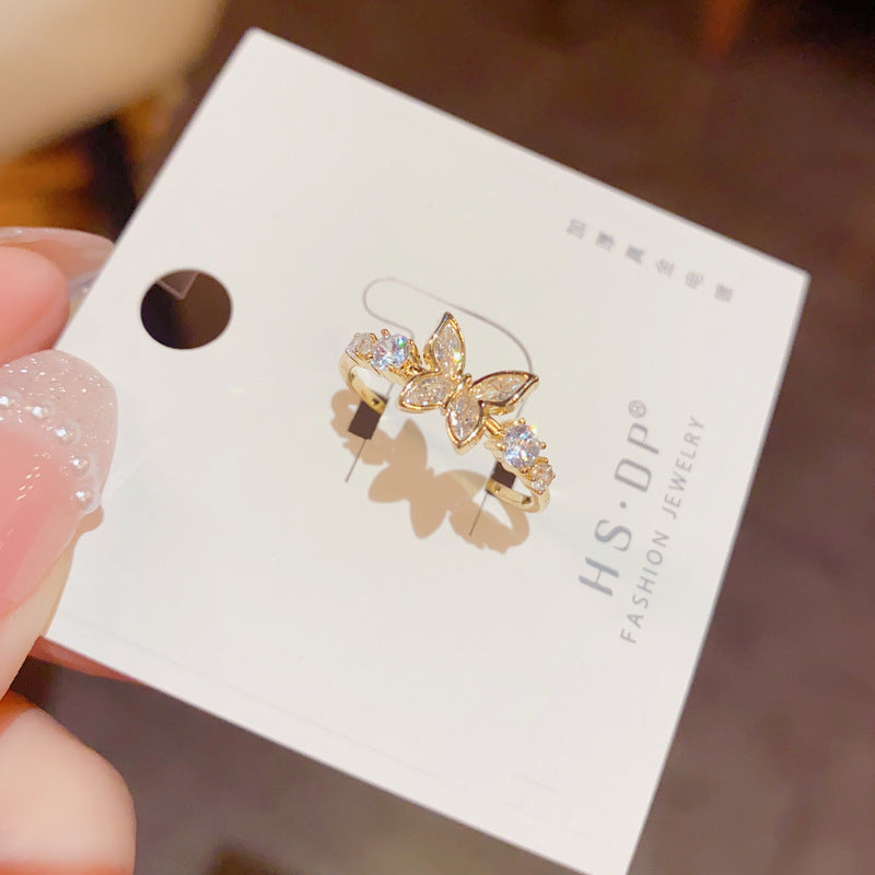 Womens Gold Plated Copper Diamond Inlaid Butterfly Ring Elegant Party Fashion Luxury Jewelry Statement Sparkle