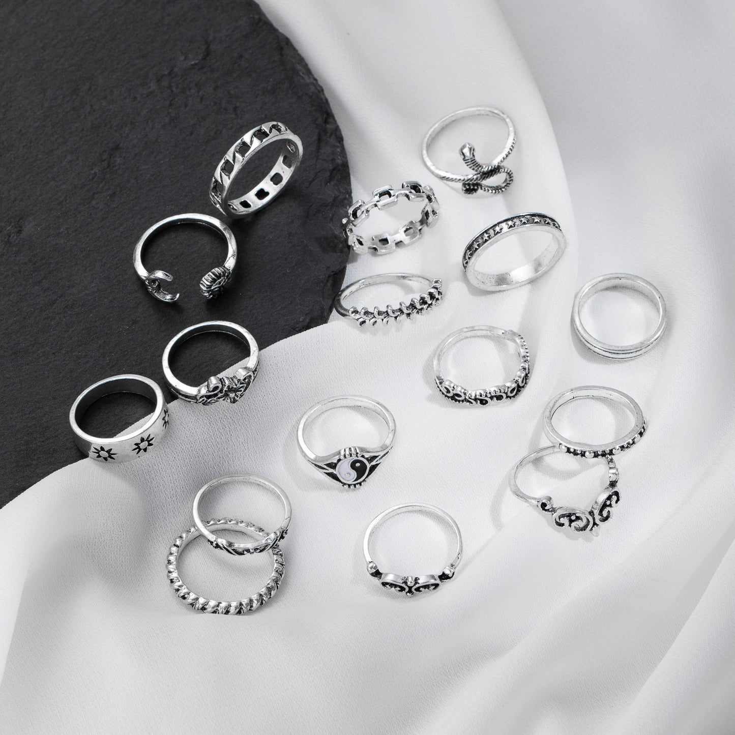 Women Ring Set 16 Piece Alloy Ring With Elephant Embossed Design Retro Trendy Hollow Snake Taichi Moon Knuckle