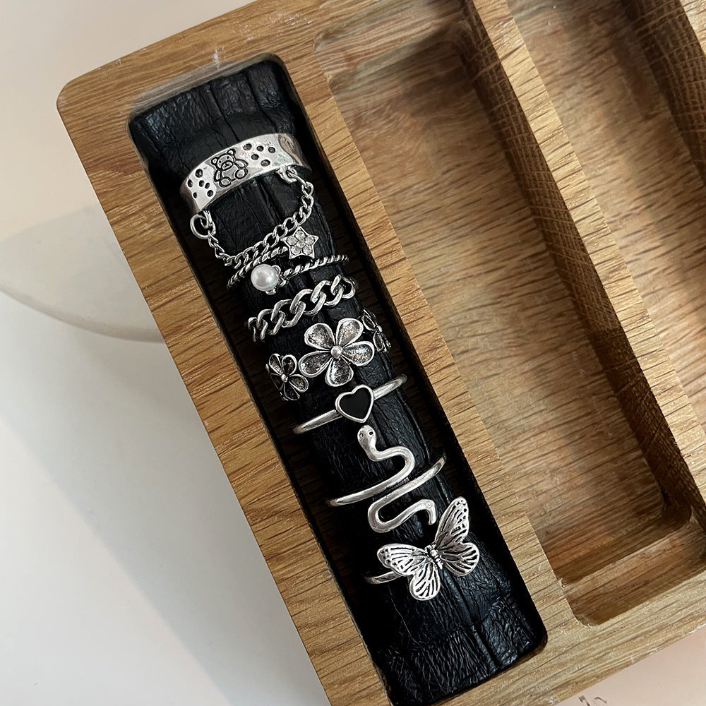 Womens Retro Ring Set 7 Piece Animal Zodiac Jewelry With Butterfly Snake Flower Elements Zinc Alloy JewelrySet