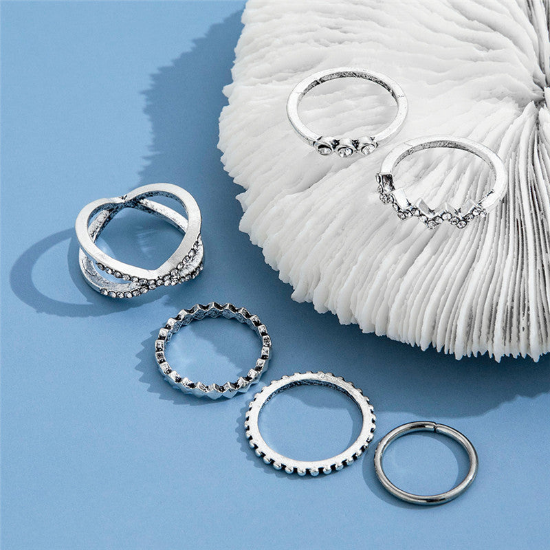 Womens Ring Set Alloy Rings Retro Geometric Pattern Diamond Design Metal Element Jewelry Gift For Women Everyday Wear