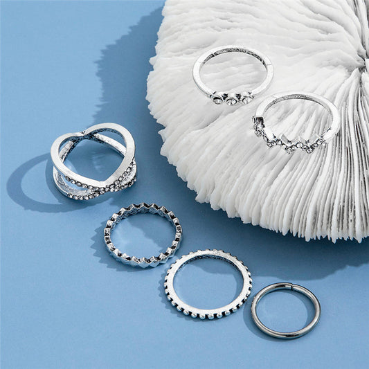 Womens Ring Set Alloy Rings Retro Geometric Pattern Diamond Design Metal Element Jewelry Gift For Women Everyday Wear