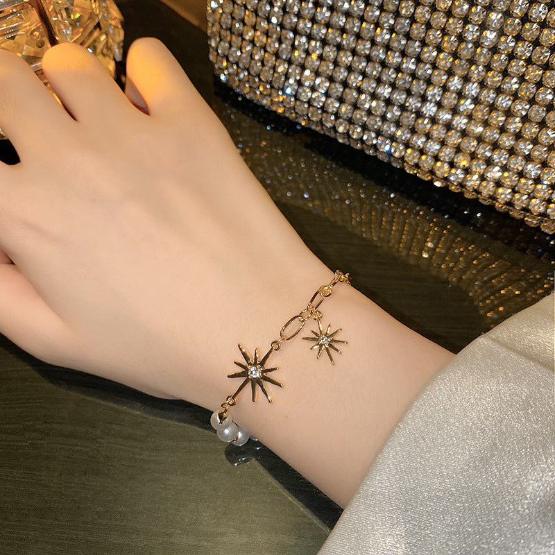 Womens Pearl Bracelet Eight Pointed Star Design And White Gold Inlaid Gems Bracelet Special Occasions Star Pearl