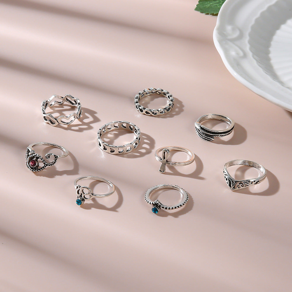 Womens Knuckle Rings Set Vintage Gemstones Carved Rings 9 Piece Alloy Heart Shaped Silver Tone Fashion Jewelry