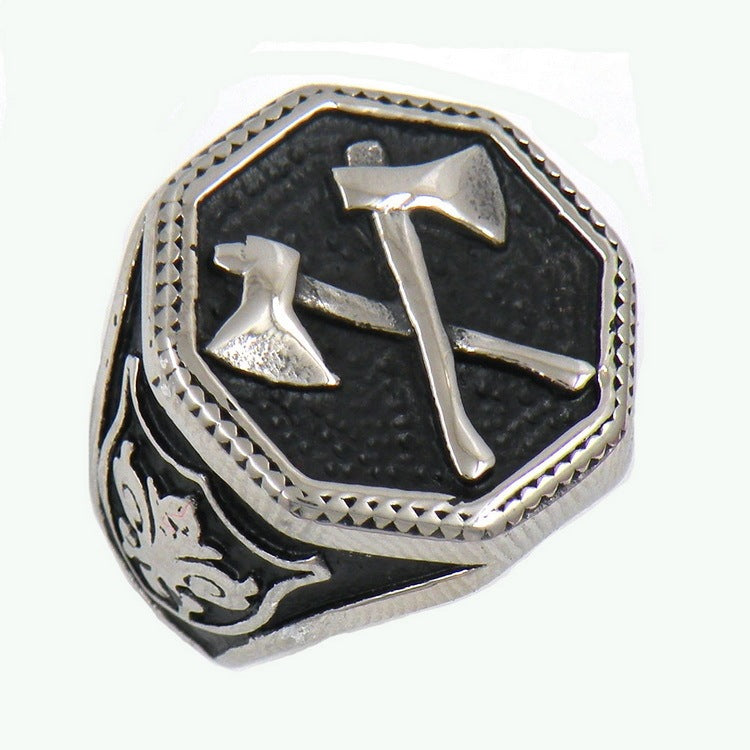 Unisex Stainless Steel Ring Viking Warrior Double Axe and Cross Design Band Steel Color Ring