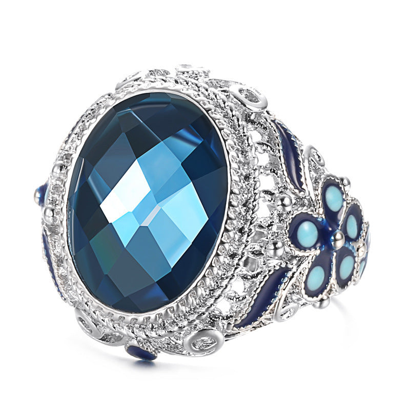 Womens Retro Emerald Agate Ring Silver Plated Copper Inlaid Colorful Flowers Gemstone Jewelry Size 7 8 9 Color