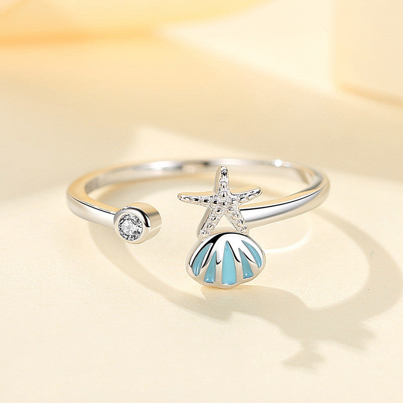 Sterling Silver Shell Starfish Ring Adjustable Opening Gemstone Inlay Inner Diameter 17mm White Gold Jewellery