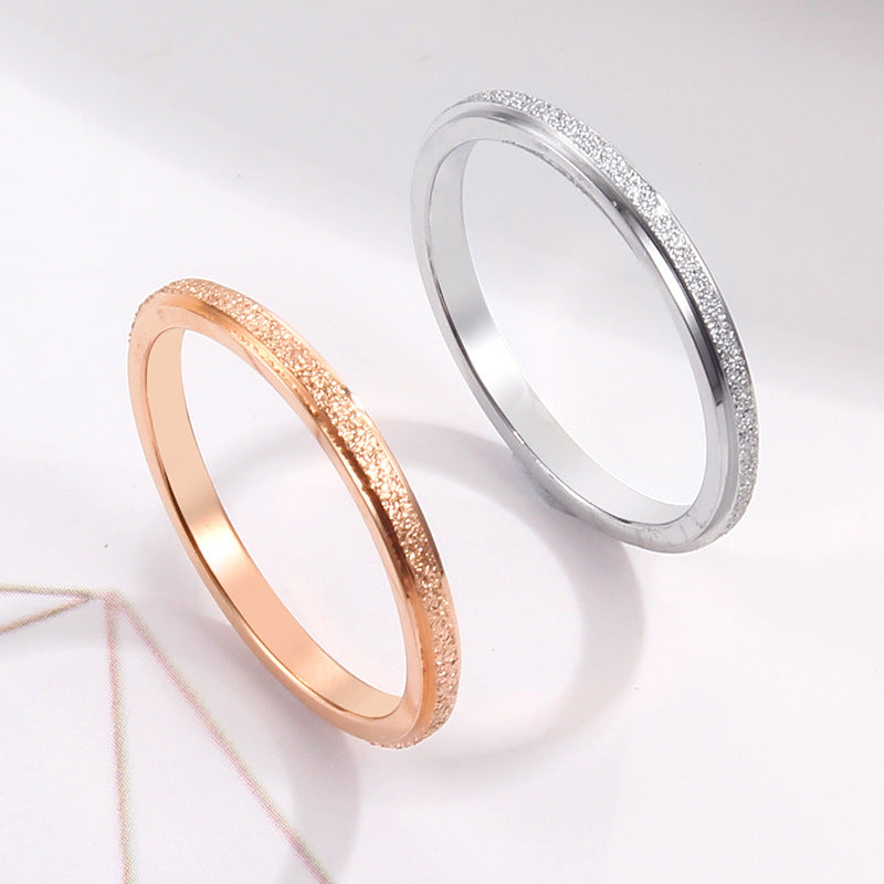 Women Titanium Steel Ring 2mm Frosted Geometric Couple Ring Korean Style Rose Gold Silver For Him Or Her Wedding