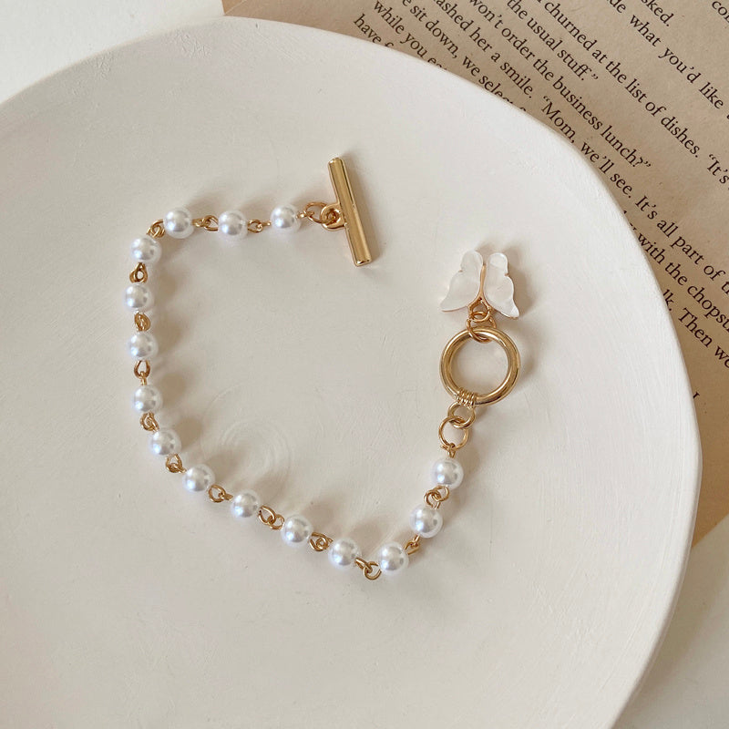 Gold Pearl Butterfly Bangle With Love Charms Bracelet