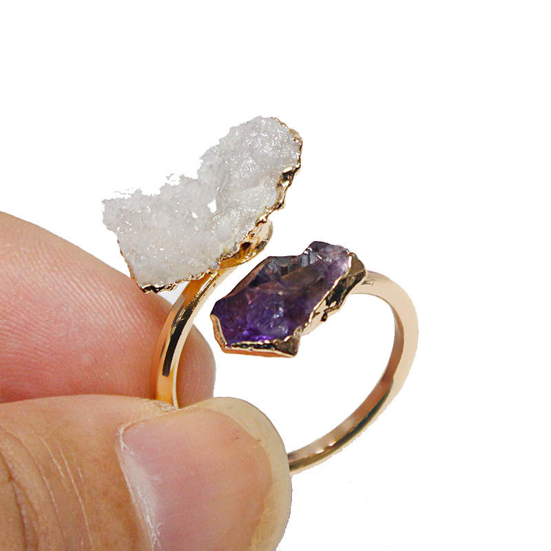 Adjustable Knuckle Ring With Natural Amethyst Black Tourmaline And White Crystal Cluster Unisex Gemstone Jewelry