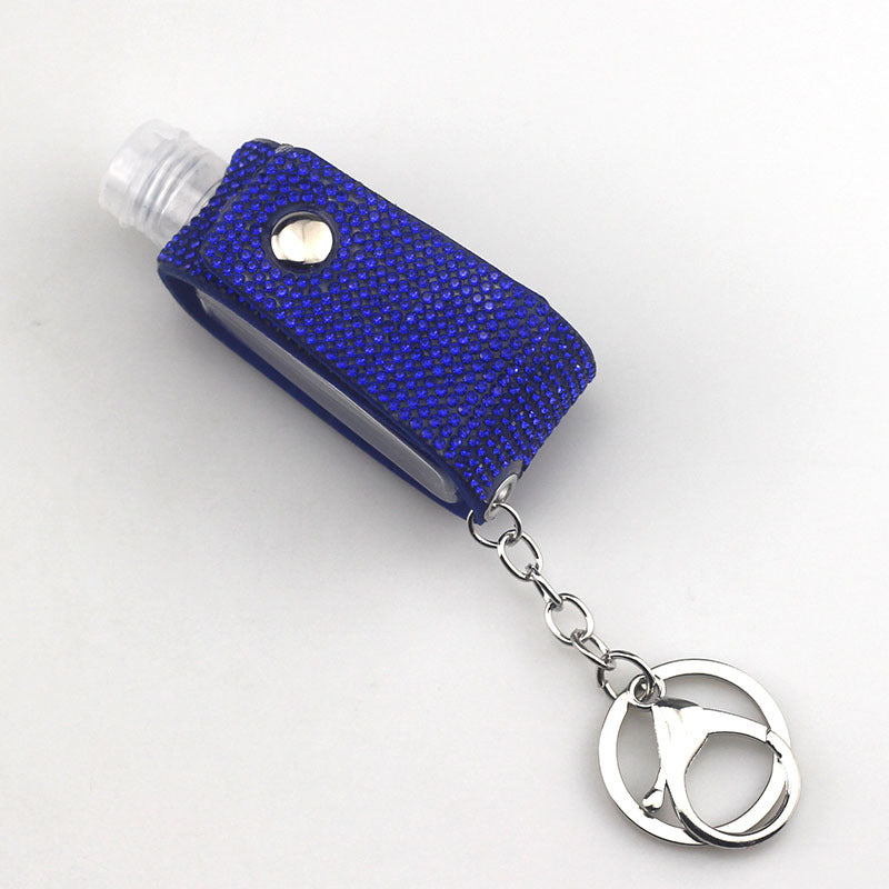 Faux Leather Keychain Diamond Pattern Key Ring with Hot Drilled Design in White AB Lake Blue for Keys Everyday