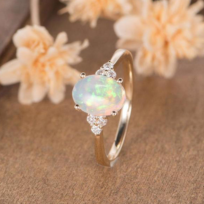 Womens Geometric Ring With Opal Stone Electroplated Gold Alloy Jewelry Engagement Ring For Her Elegant Fashion