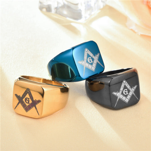 Mens Vintage Stainless Steel Masonic Ring Laser Engraved Symbol Rings Durable Fashion Design Freemason Gift