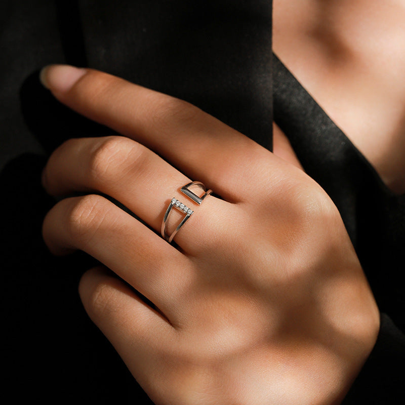 Sterling Silver Geometric Ring With Micro Rhinestones Line Pattern For Women US Sizes 5 7 9 Elegant Daily Wear