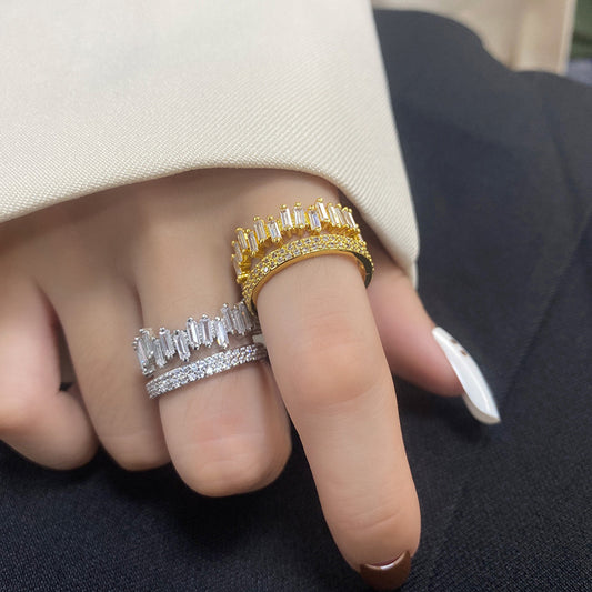 Women Double Ring Zircon Studded Irregular Rectangular Geometrical Silver Plated Fashion Jewelry Everyday Wear