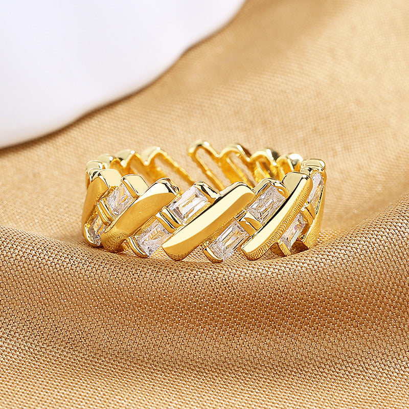 Womens Adjustable Copper Ring Retro Geometric Design Inlaid Zircon Chain Element Gold Tone Finish For Everyday
