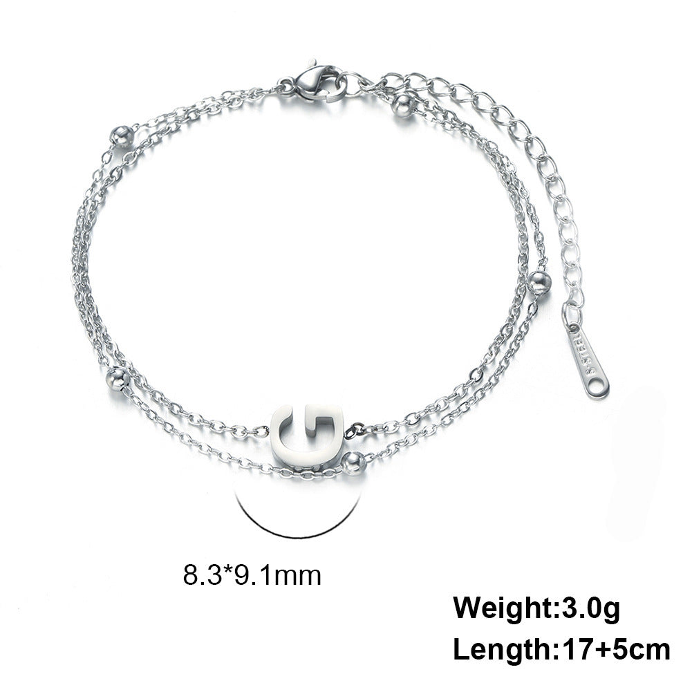Womens Stainless Steel Double Layer Chain Bracelet With Initial Pendant Electroplated Finish Jewelry Gift Gold