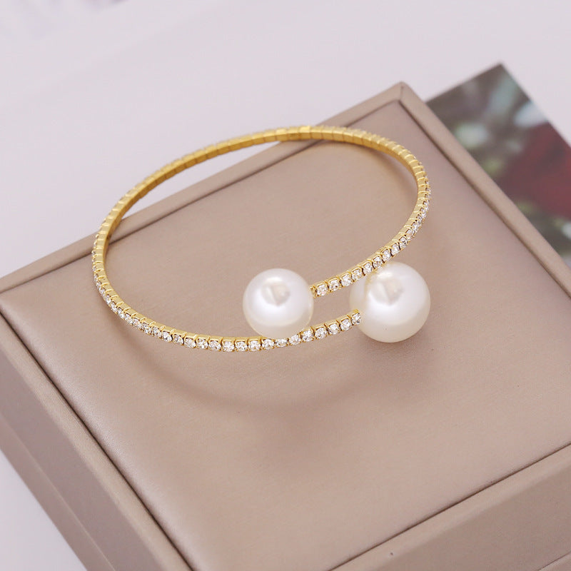 Elegant Round Bangle Bracelet For Women With Pearl Accents And Rhinestones Elastic Alloy Electroplated Gold Or Silver