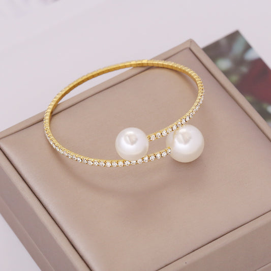 Elegant Round Bangle Bracelet For Women With Pearl Accents And Rhinestones Elastic Alloy Electroplated Gold Or Silver