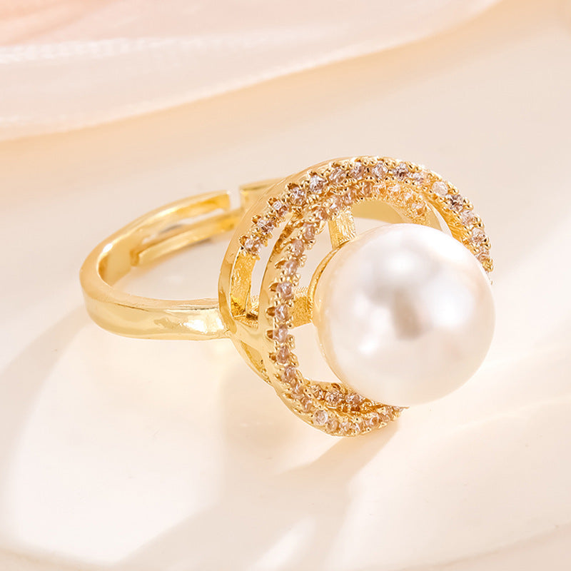 Women Gold Pearl Ring Fashionable Open Mouth Design Copper Adjustable Jewelry For Everyday Style For Her Style