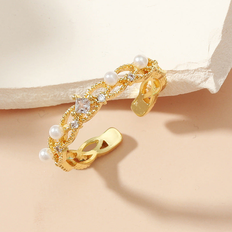 Womens Adjustable Copper Ring With Zircon Inlay Geometric Pearl Open Band Golden Design Lightweight Light Feel