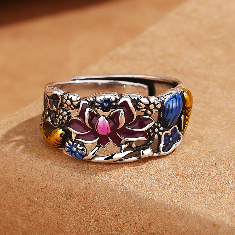 Retro Enamel Burnt Blue Hollow Lotus Carp Ring For Women Adjustable Copper Flower Design Vintage Flower Design