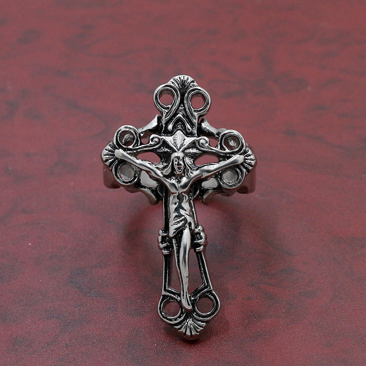 Vintage Engraved Titanium Steel Crucifix Ring for Men